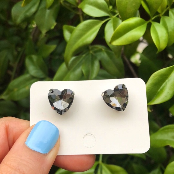 Black Diamond + Silver Crystal Heart Earrings - Picture 4 of 6